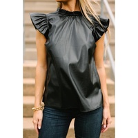 Black PU Leather Frilly Ruffle Trim Blouse - L thumbnail