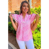 Pink Abstract Print Ric Rac Trim Flutter Sleeve Notch V Neck Blouse - L thumbnail