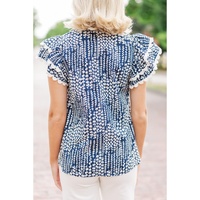 Sky Blue Abstract Print Ric Rac Trim Flutter Sleeve Notch V Neck Blouse - XL thumbnail