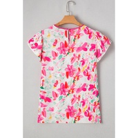 Rose Floral Print Flutter Sleeve Round Neck Casual Blouse - L thumbnail