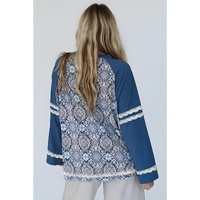 Blue Geometric Printed Lace Patchwork Ric Rac Raglan Long Sleeve Top - L thumbnail