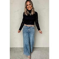 Black Flower Lace See Through Mock Neck Long Sleeve Top - L thumbnail
