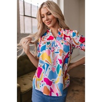 Multicolour Abstract Print Lace Detail Shirred Short Sleeve Split Neck Blouse - XL thumbnail