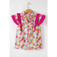 Pink Floral Layered Ruffle Flutter Sleeve Tie V Neck Blouse - L thumbnail