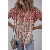 Red Printed Embroidery Detail Tie Split Neck Blouse - L thumbnail