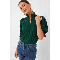 Blackish Green Solid Puff Sleeve Frilled Trim Elegant Blouse - L thumbnail
