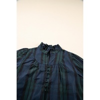 Green Stripe Plaid Puff Sleeve Frilled Trim Elegant Blouse - L thumbnail