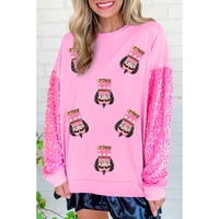 Pink Christmas Nutcracker Graphic Sequin Patchwork Long Sleeve Top - XL thumbnail