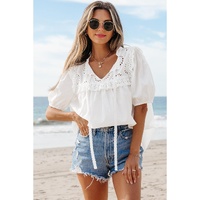 White Embroidered Lace Patchwork Tie Neck Puff Short Sleeve Blouse - M thumbnail