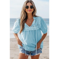 Mist Blue Embroidered Lace Patchwork Tie Neck Puff Short Sleeve Blouse - L thumbnail