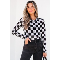 Black Checkerboard Western Elements Printed Mesh Long Sleeve Top - S thumbnail