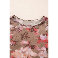 Red Floral Print Sheer Mesh Long Sleeve Top - L thumbnail