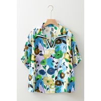 Light Blue Floral Print Slit V Neck Short Sleeve Blouse - L thumbnail