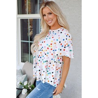 White Colorful Polka Dot Short Sleeve Tiered Ruffled Babydoll Blouse - L thumbnail