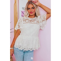 White Short Sleeve Scalloped Floral Lace Peplum Blouse - L thumbnail