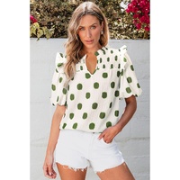 Apricot Polka Dot Print Shirred Yoke Notched Neck Balloon Sleeve Blouse - L thumbnail