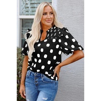 Black Polka Dot Print Shirred Yoke Notched Neck Balloon Sleeve Blouse - L thumbnail