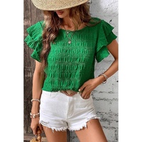 Dark Green Textured Ruffled Sleeve Round Neck Top - L thumbnail