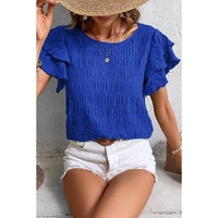 Dark Blue Textured Ruffled Sleeve Round Neck Top - S thumbnail