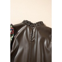 Four Leaf Clover Floral Bubble Sleeve Patchwork Leatherette Frilled Round Neck Blouse - L thumbnail