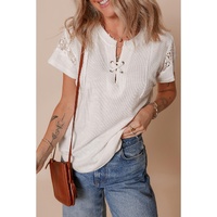 White Ribbed Texture Lace Patchwork Short Sleeve Top - M thumbnail