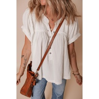 White Textured Short Sleeve Buttons Frayed Blouse - L thumbnail