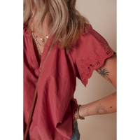 Red Dahlia Floral Embroidered Scallop Trim Short Sleeve V Neck Blouse - L thumbnail