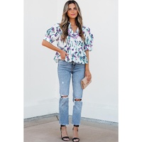 Purple Floral Ricrac Trim Half Sleeve Peplum Top - L thumbnail
