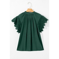 Green Bay Eyelet Embroidered Sleeve Tie V Neck Blouse - L thumbnail