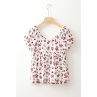 White Boho Floral Ruched Cinched Short Sleeve Blouse - L thumbnail