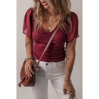 Red Dahlia Mesh Ruffled Sleeve Slim Fit V Neck Top - L thumbnail