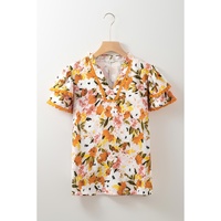 Russet Orange Ruffled V Neck Scalloped Short Sleeve Floral Blouse - L thumbnail