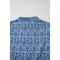 Blue Floral Striped Print Contrast Ric-rac Puff Sleeve Top - L thumbnail