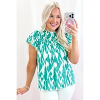 Sky Blue Abstract Print Frilled Crewneck Loose Fit Blouse - L thumbnail