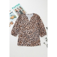 Apricot Leopard V Neck Half Sleeve Blouse - L thumbnail