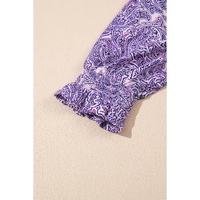 Purple Boho Paisley Print Half Sleeve Shirred Peplum Blouse - L thumbnail