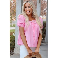 Light Pink Lace Square Neck Patchwork Puff Sleeve Blouse - L thumbnail