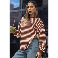 Coffee Striped Long Sleeve Round Neck Loose Top - L thumbnail