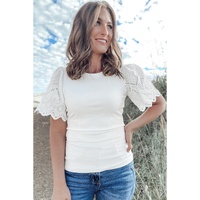 White Eyelet Pattern Short Sleeve Patchwork Ribbed Top - L thumbnail