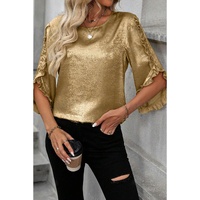 Gold Metallic Luster Frilled Half Sleeve Blouse - M thumbnail