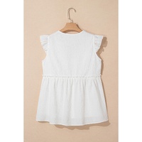 White Textured Ruffled Trim V Neck Flutter Flowy Top - L thumbnail