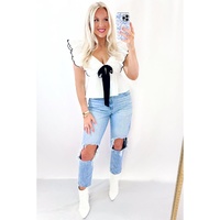 White Contrast Bow Ruffle Trim V Neck Blouse - L thumbnail