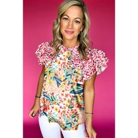 Red Floral Mixed Print Ruffle Cap Sleeve Blouse - M thumbnail