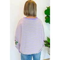Purple Stripe Sequin Fleur de Lis Patched Pattern Long Sleeve Top - L thumbnail