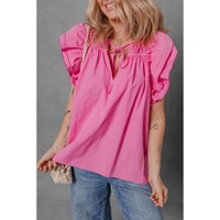 Sachet Pink Shirred Yoke Lace up V Neck Ruffled Sleeve Blouse - L thumbnail