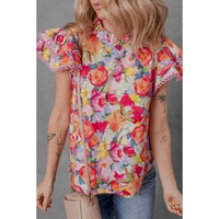 Multicolour Lace Trim Ruffle Short Sleeve Floral Blouse - XL thumbnail