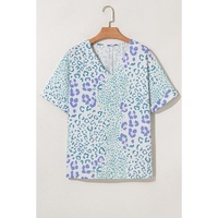 Sky Blue Mixed Leopard Print V Neck Short Sleeve Blouse - L thumbnail