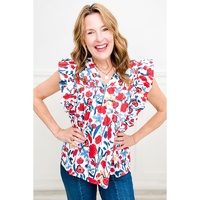 Red Flowers Pintuck Detail V-Neck Ruffled Sleeve Top - L thumbnail