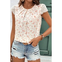 Pink Floral Print Embroidery Detail Crochet Cap Sleeve Blouse - L thumbnail