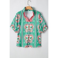 Sea Green Boho Abstract Print Contrast Striped Collared V Neck Blouse - L thumbnail